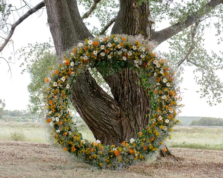 Bloemencirkel voor een buitenbruiloft